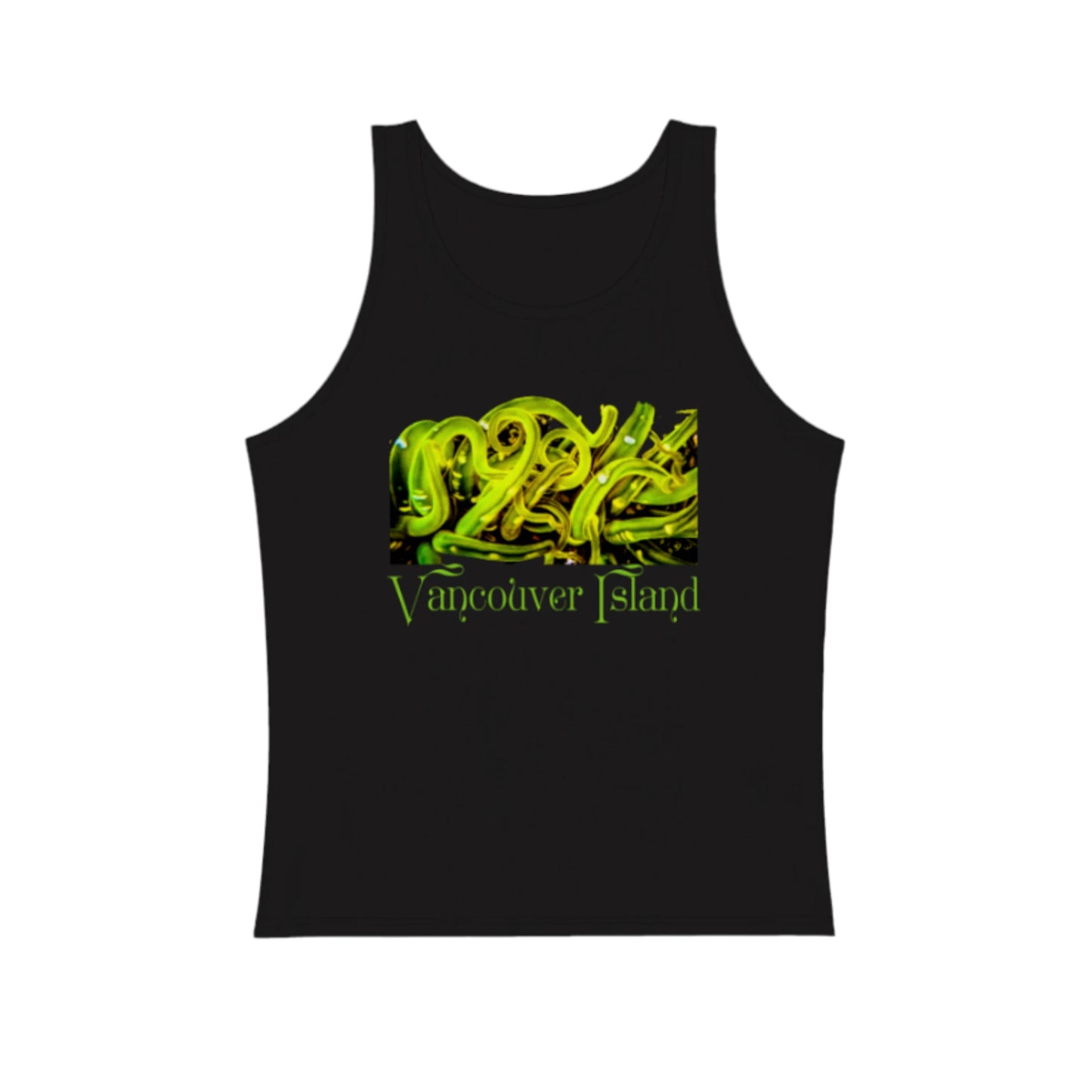 Sea Anemone Vancouver Island premium unisex tank top in black. The green sea anemone is underwater on the front of the top. by van isle goddess dot com