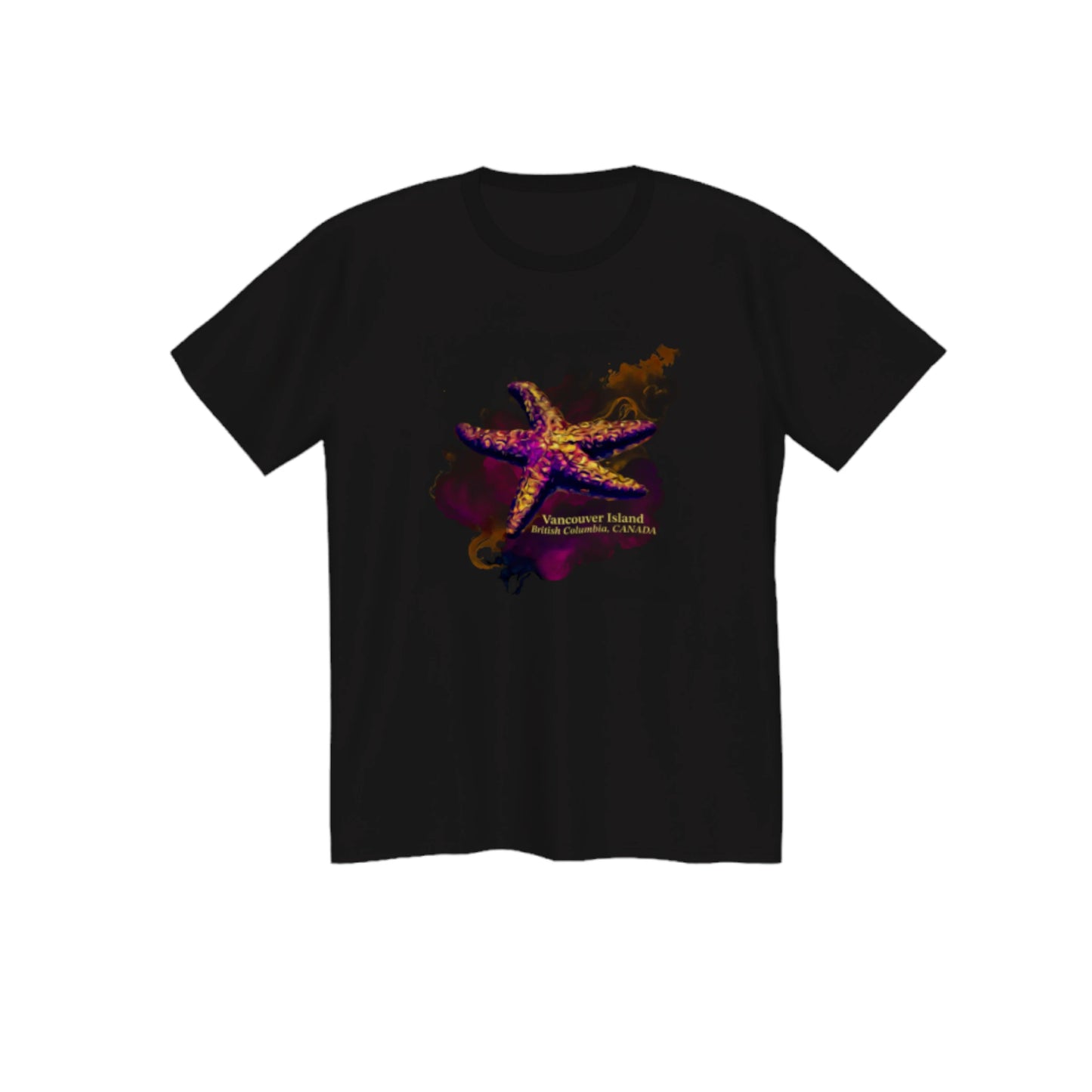 Star Track Vancouver island BC Canada premium unisex tshirt. Features a starfish on the front with a colourful abstract background. The words on the front say Vancouver Island, British Columbia, Canada. by van isle goddess dot com