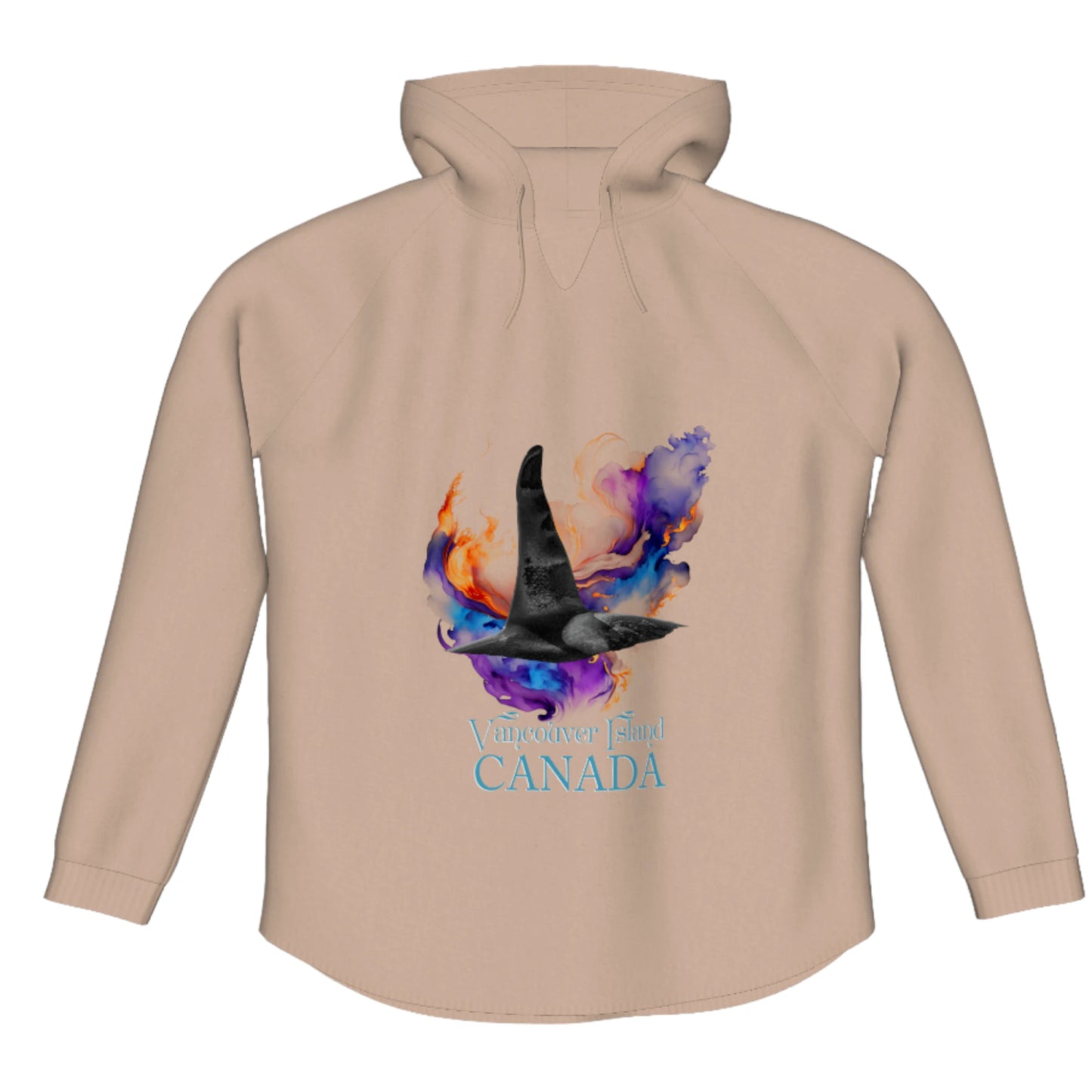 Orca Aura Vancouver Island Canada Flow Pullover Hoodie. The image is of a male orca dorsal fin on a colourful abstract background. the words read Vancouver Island Canada