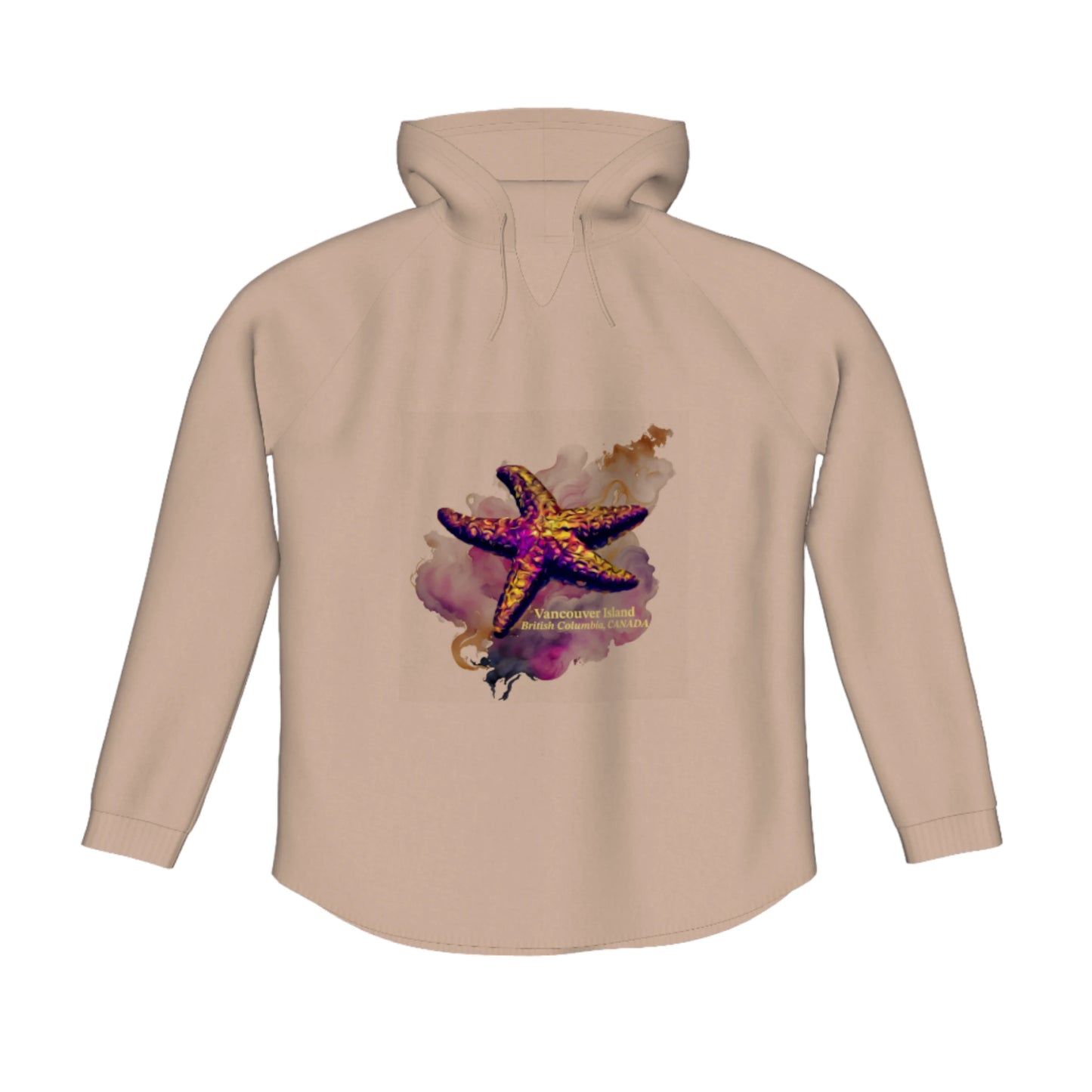 Star Track Vancouver Island BC Canada Flow Pullover Hoodie. The image is of a starfish with a colourful abstract background. The words read Vancouver Island, British Columbia, Canada.
