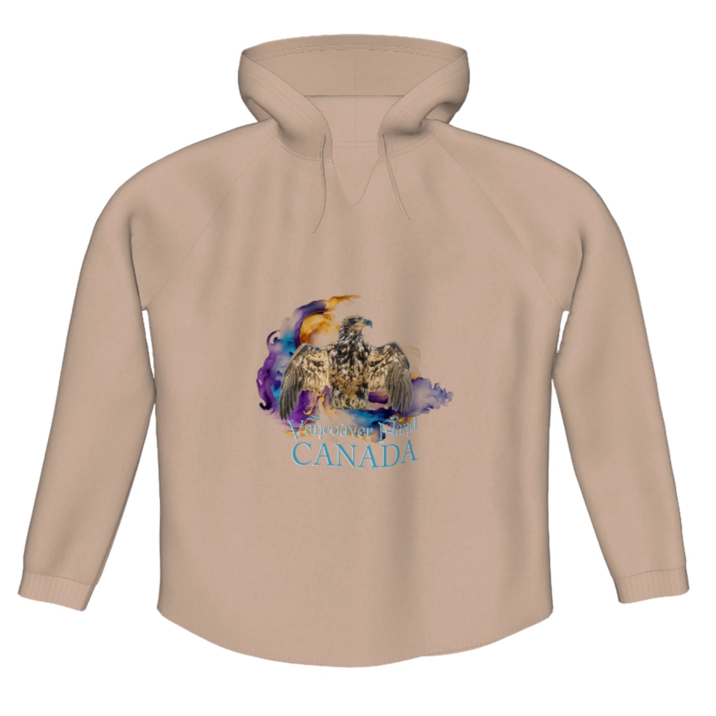 Thunderbird Vancouver Island Canada Flow Pullover Hoodie. The image is of a eagle in the thunderbird position with a colourful abstract background. The words read Vancouver Island Canada.