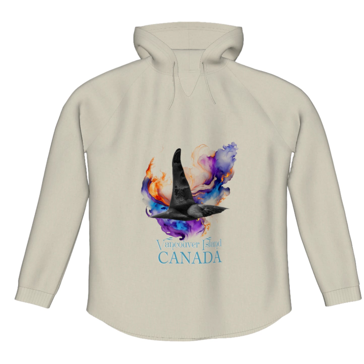 Orca Aura Vancouver Island Canada Flow Pullover Hoodie. The image is of a male orca dorsal fin on a colourful abstract background. the words read Vancouver Island Canada