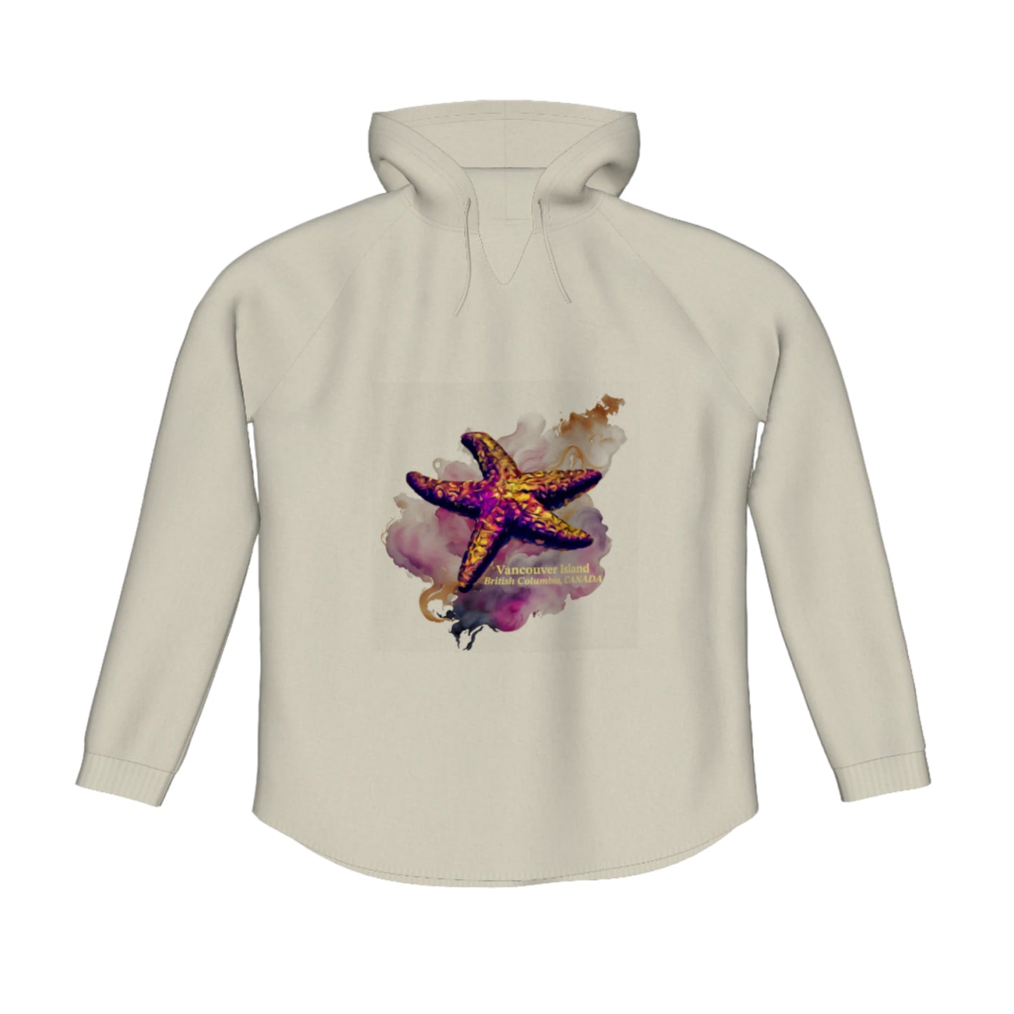 Star Track Vancouver Island BC Canada Flow Pullover Hoodie. The image is of a starfish with a colourful abstract background. The words read Vancouver Island, British Columbia, Canada.