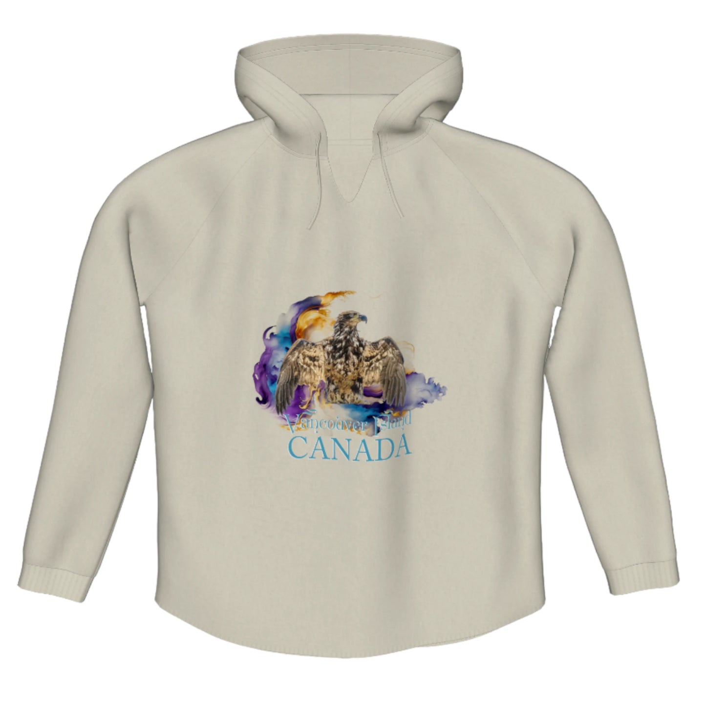 Thunderbird Vancouver Island Canada Flow Pullover Hoodie. The image is of a eagle in the thunderbird position with a colourful abstract background. The words read Vancouver Island Canada.