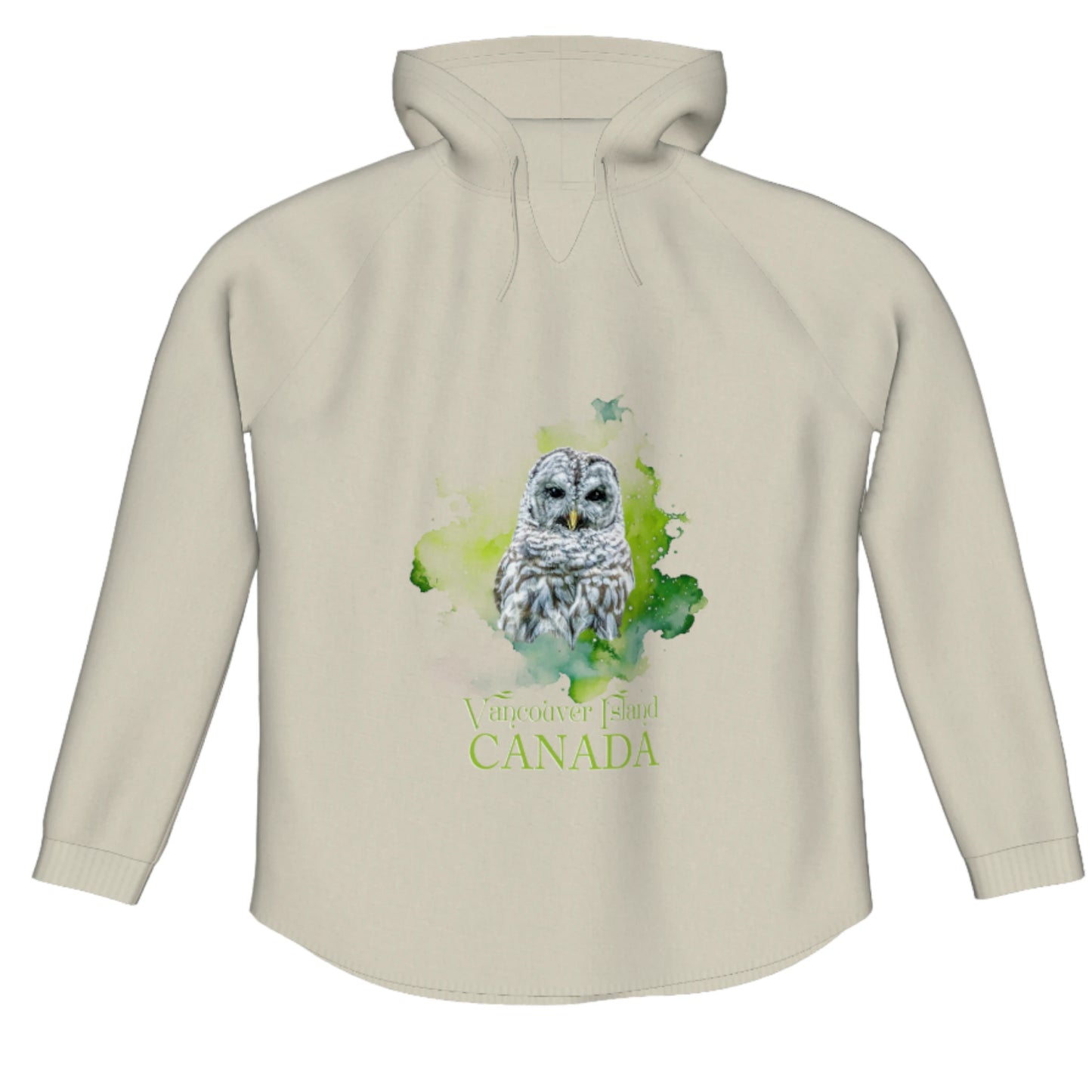 Wise Owl Vancouver Island Canada Flow Pullover Hoodie. The image is of a barred owl with a green colourful abstract background. The words say Vancouver Island Canada.