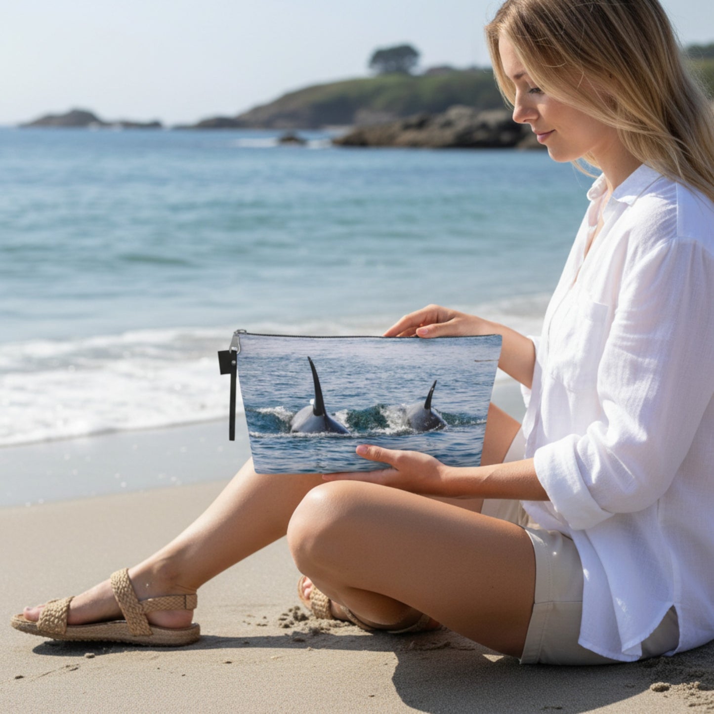 Woman sitting on a beach holding a pouch with whale design