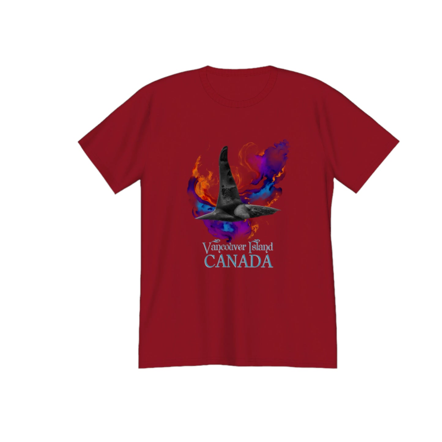 Orca Aura Vancouver Island Canada Premium Unisex t-shirt. The image on the front if of a male orca dorsal fin as it dives back into the water after taking a fresh breath of air. A abstract of colours envelops the orca. by van isle goddess dot com