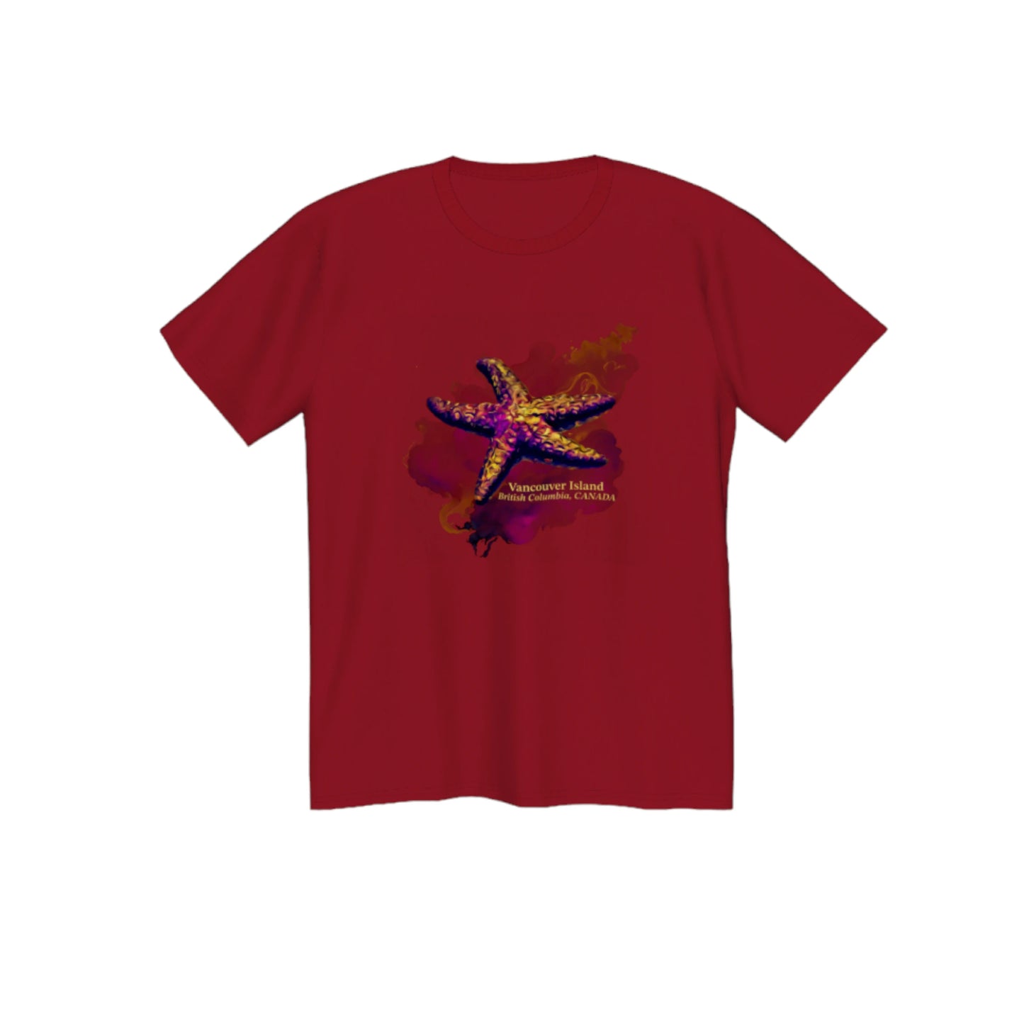 Star Track Vancouver island BC Canada premium unisex tshirt. Features a starfish on the front with a colourful abstract background. The words on the front say Vancouver Island, British Columbia, Canada. by van isle goddess dot com