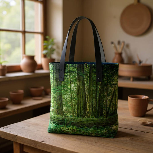 Tote bag with forest design on a wooden table in a room with pottery and plants.