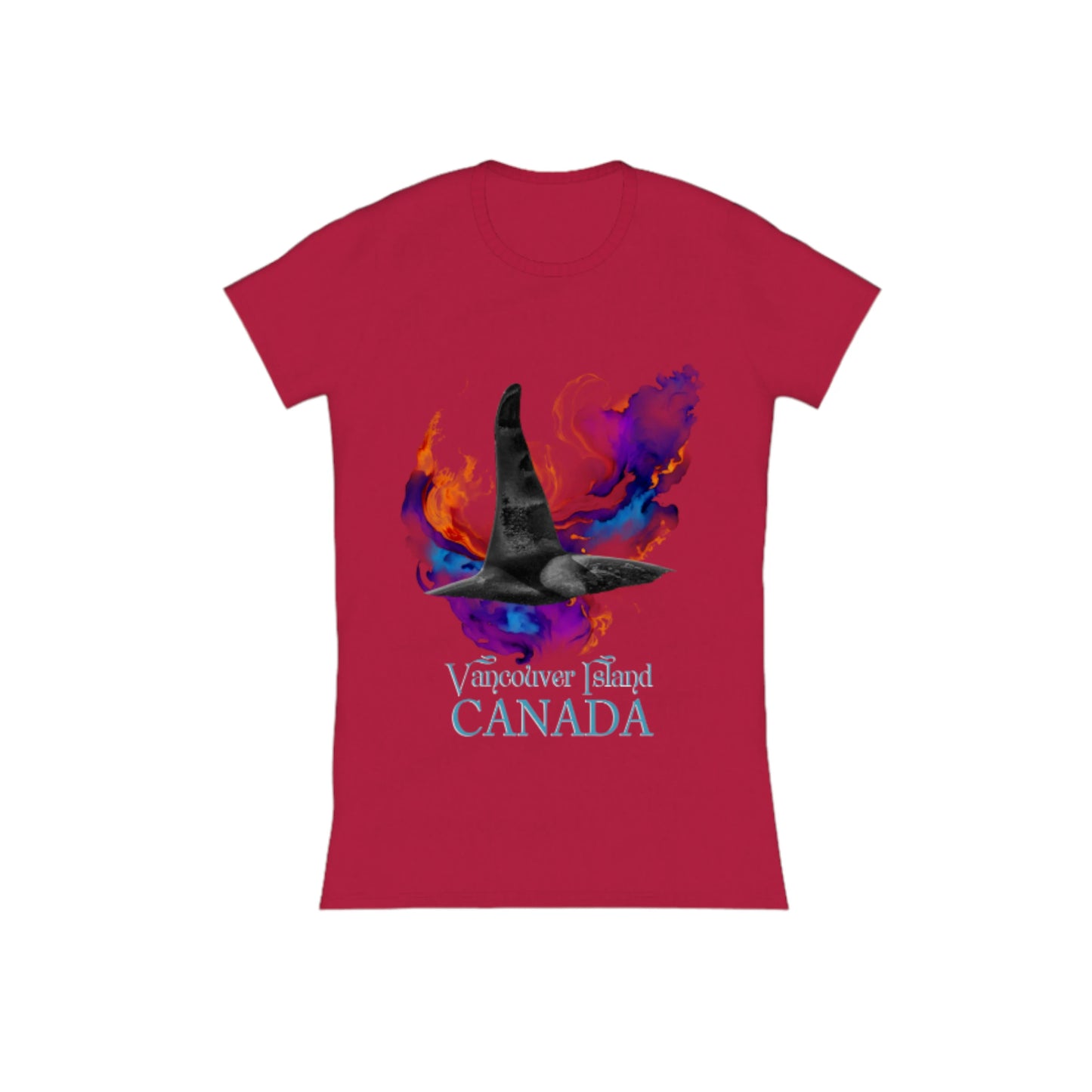 Orca Aura Vancouver Island Canada Comfort Slim Fit T-shirt. The image is of a male orca dorsal fin with an abstract of purple, blue gold background. by van isle goddess dot com