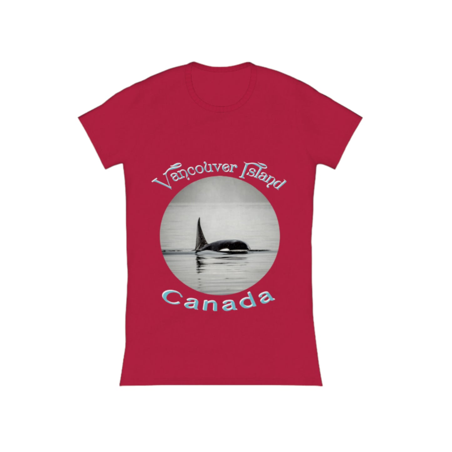 Orca Spray Vancouver Island Canada Comfort Slim Fit T-shirt. The image on the front of the t shirt is a orca in the ocean . The words on the shirt read vancouver island canada