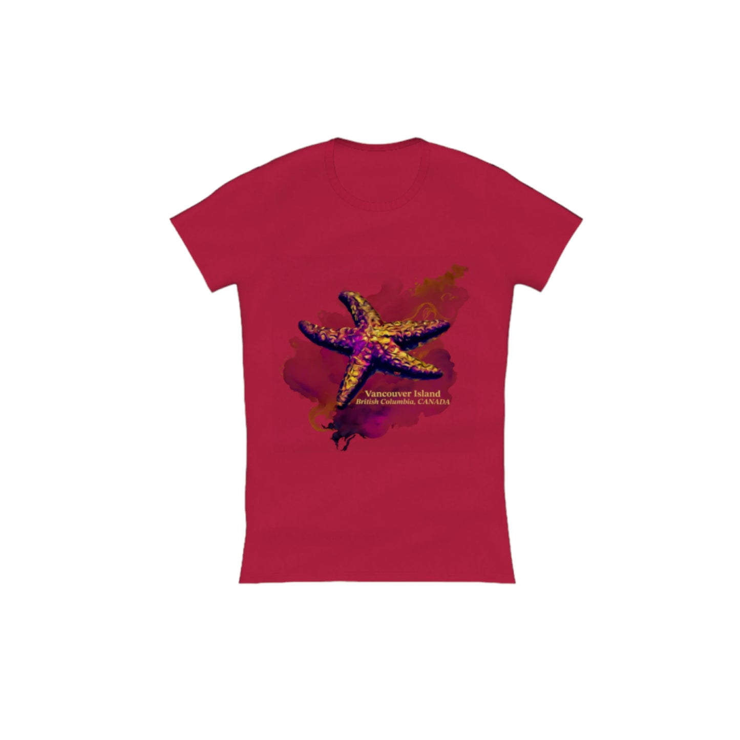Star Track Vancouver Island BC Canada Comfort Slim Fit T-shirt. The image is of a starfish with a colourful abstract background. The words read Vancouver Island British Columbia Canada