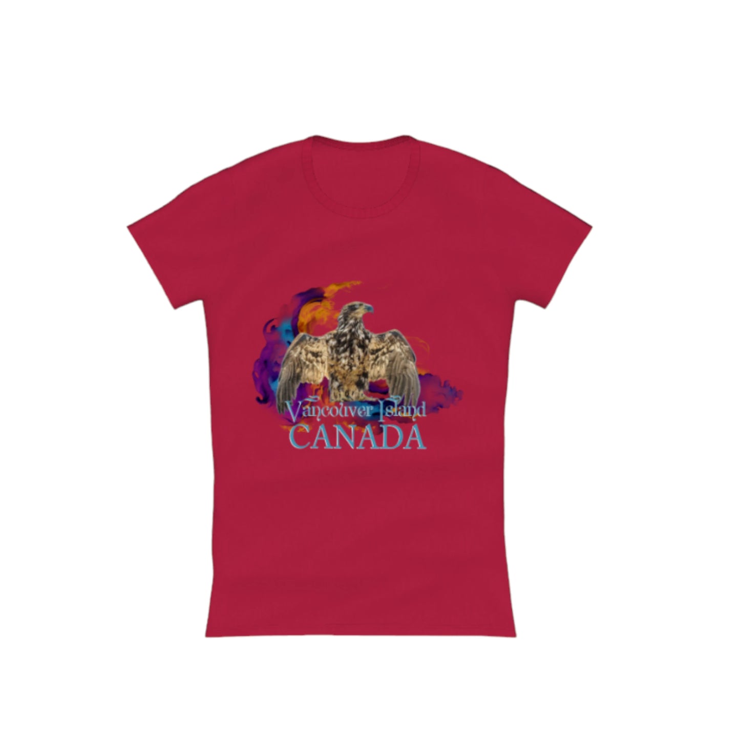 Thunderbird Vancouver Island Canada Comfort Slim Fit T-shirt. the image is of a eagle in the thunderbird position with a colourful abstract background. the words read Vancouver Island Canada