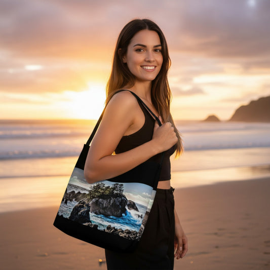 Woman holding a tote bag with a scenic design on a beach at sunset
