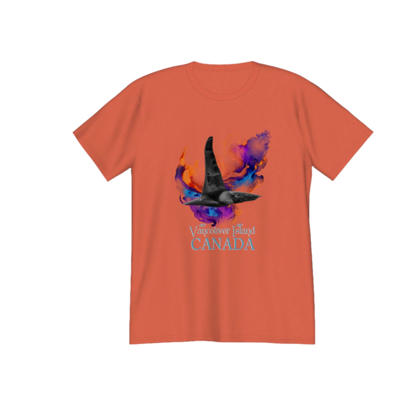 Orca Aura Vancouver Island Canada Premium Unisex t-shirt. The image on the front if of a male orca dorsal fin as it dives back into the water after taking a fresh breath of air. A abstract of colours envelops the orca. by van isle goddess dot com