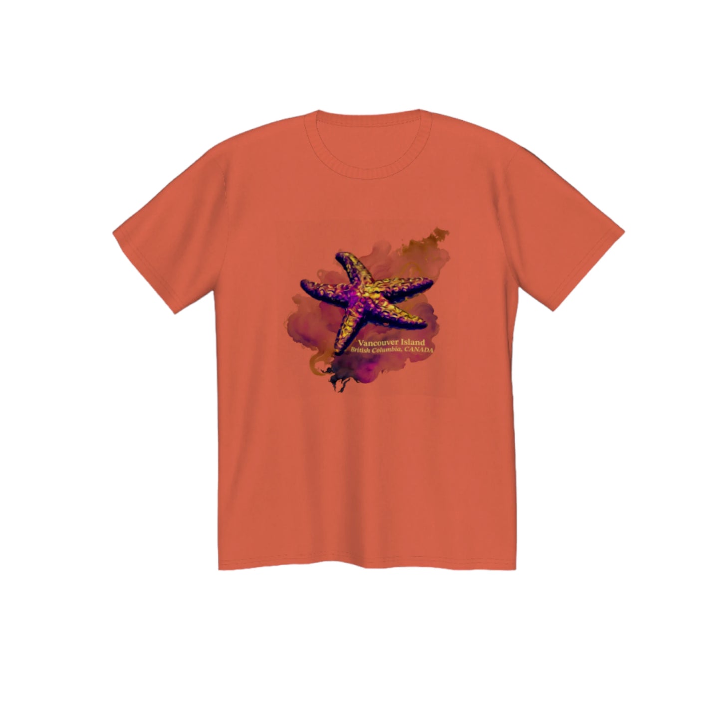Star Track Vancouver island BC Canada premium unisex tshirt. Features a starfish on the front with a colourful abstract background. The words on the front say Vancouver Island, British Columbia, Canada. by van isle goddess dot com