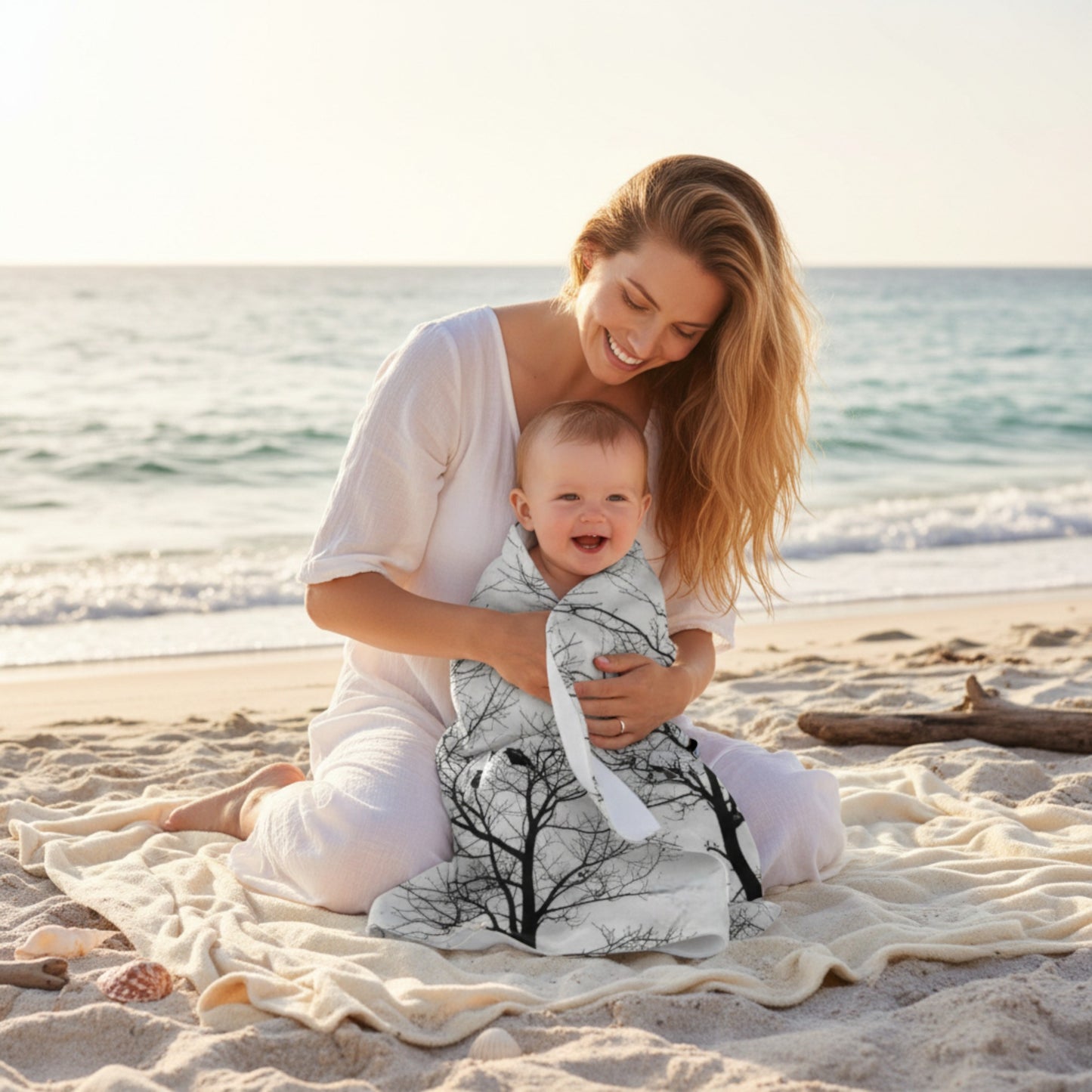 Woman holding a baby on a beach with ocean in the background