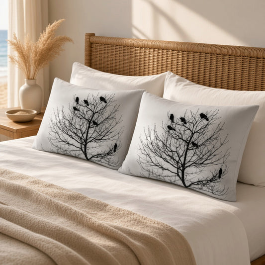 Two square throw pillows with a black tree branch and bird pattern on a light gray background, styled on a bed with white sheets and a beige blanket in a warm, sunlit bedroom.