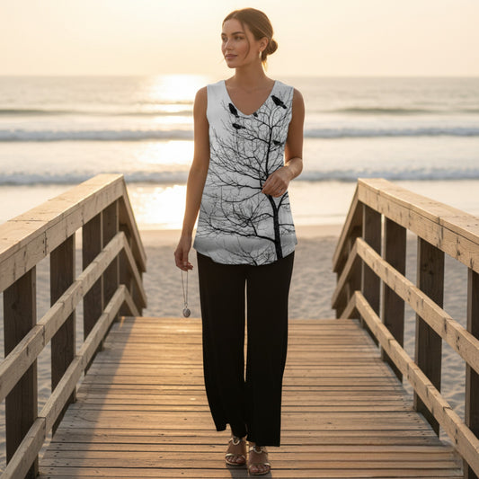 Woman standing on a wooden boardwalk by the beach at sunset