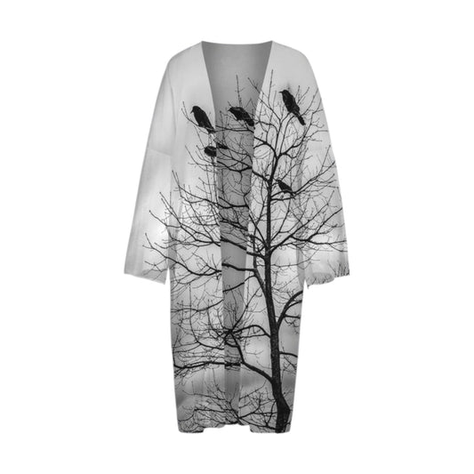 All over print Crows long sleeve kimono. Image is of crows in a tree.
