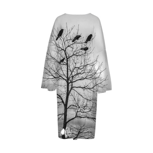 Back side All over print Crows long sleeve kimono. Image is of crows in a tree.