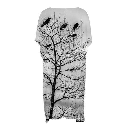 Reverse Side All over print short sleeve kimono wrap. Print is of Crows sitting in a tree.
