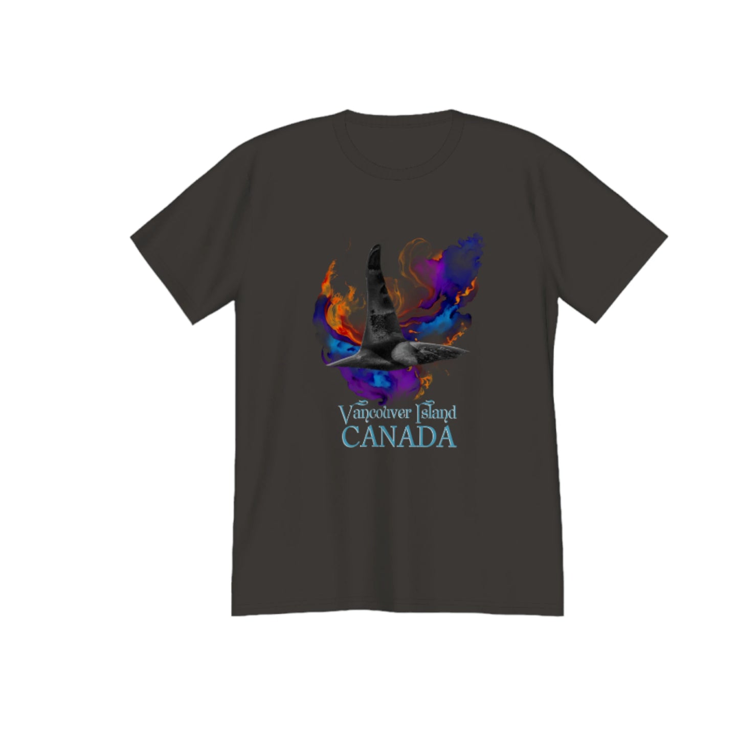 Orca Aura Vancouver Island Canada Premium Unisex t-shirt. The image on the front if of a male orca dorsal fin as it dives back into the water after taking a fresh breath of air. A abstract of colours envelops the orca. by van isle goddess dot com