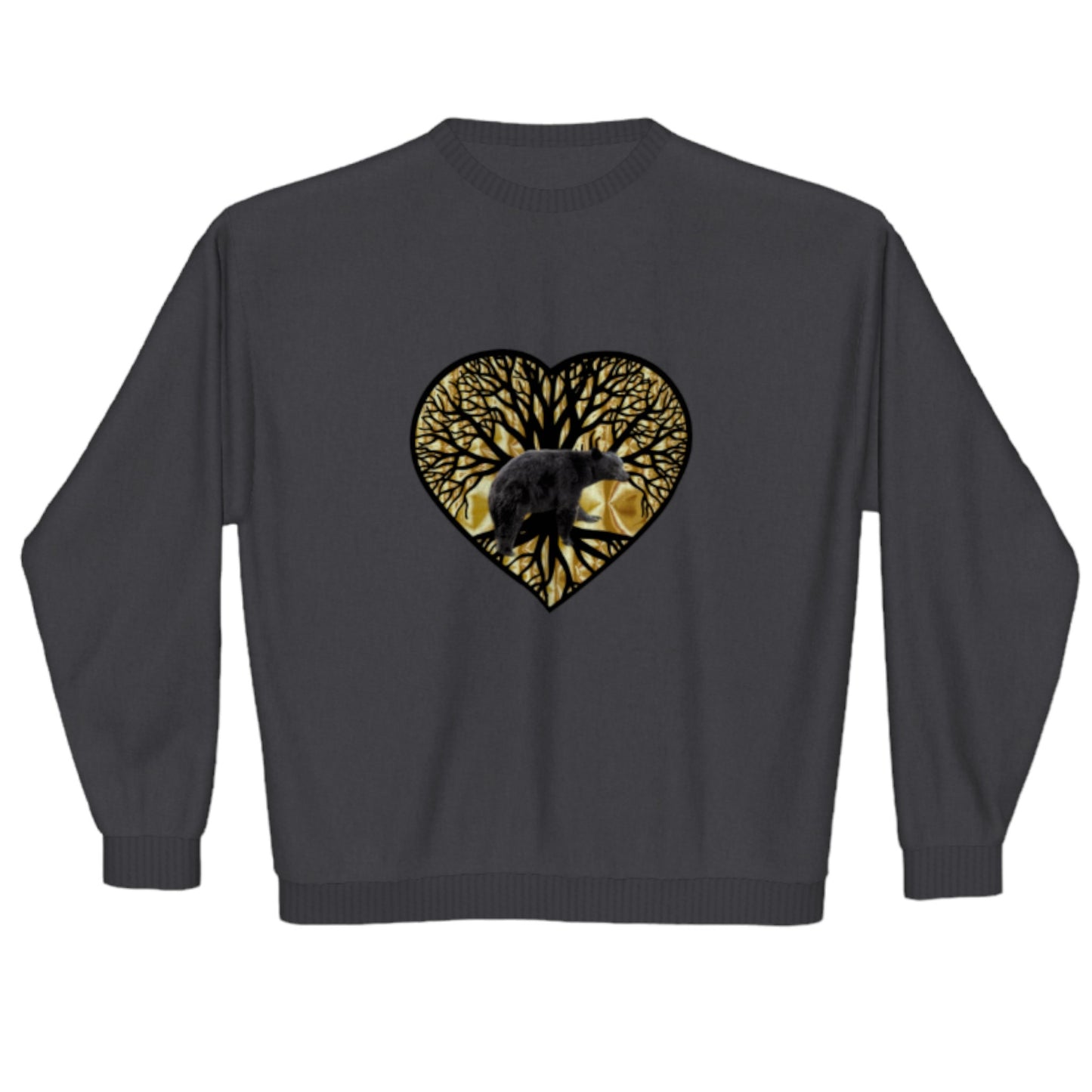 Bear Heart Premium Crewneck Sweatshirt. The image is of a heart with a tree of life and a bear with a gold background.