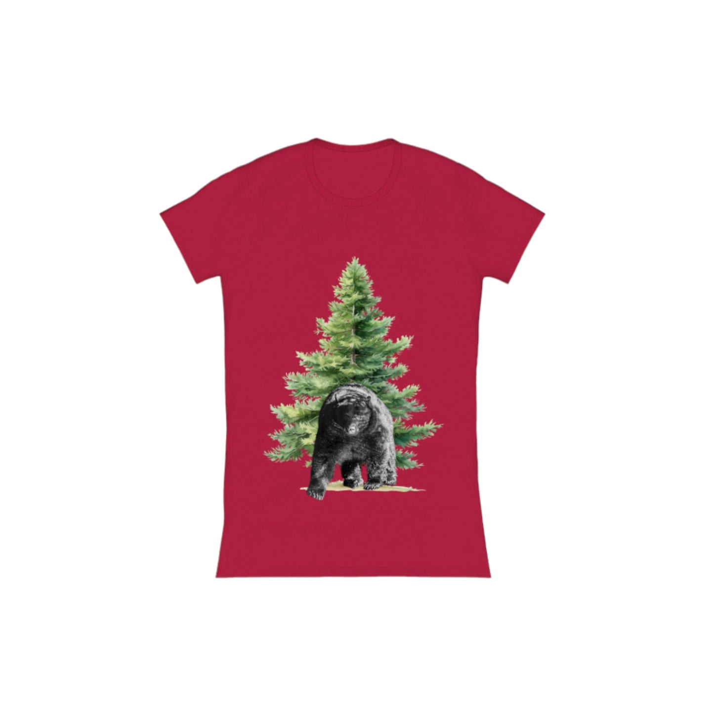 Observant Bear Comfort Slim Fit T-Shirt. The image is of a bear in front of a tree. by van isle goddess dot com