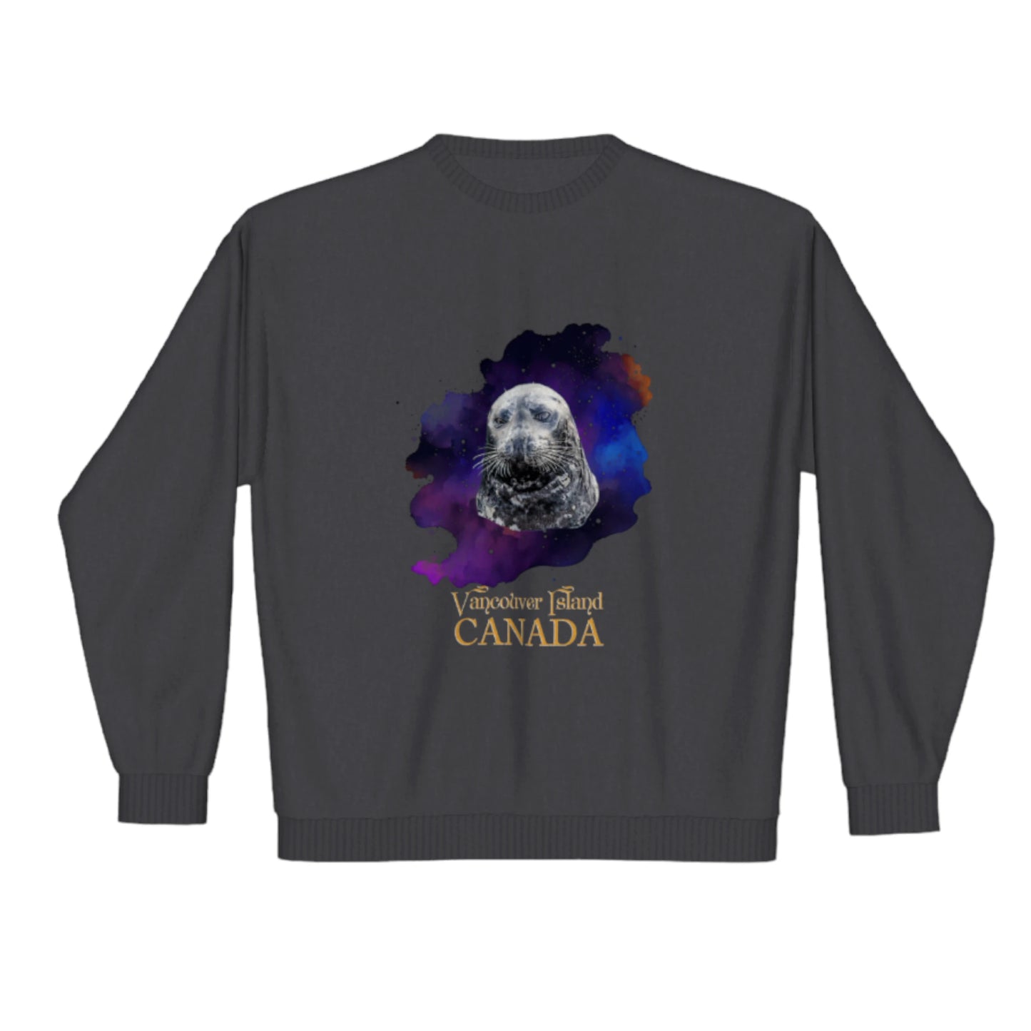 I Love Lucy Vancouver Island Canada Premium Crewneck Sweatshirt. The image is of a harbour seal with a colourful abstract background.