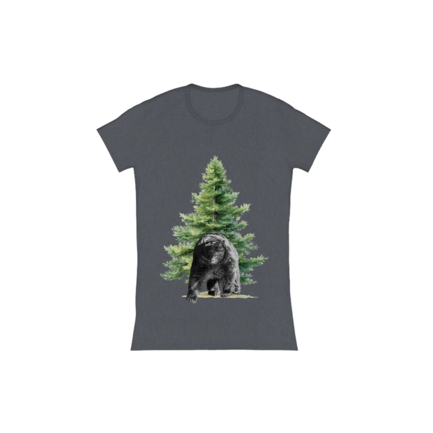 Observant Bear Comfort Slim Fit T-Shirt. The image is of a bear in front of a tree. by van isle goddess dot com