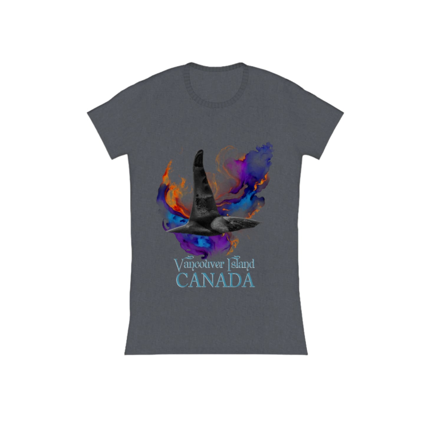 Orca Aura Vancouver Island Canada Comfort Slim Fit T-shirt. The image is of a male orca dorsal fin with an abstract of purple, blue gold background. by van isle goddess dot com