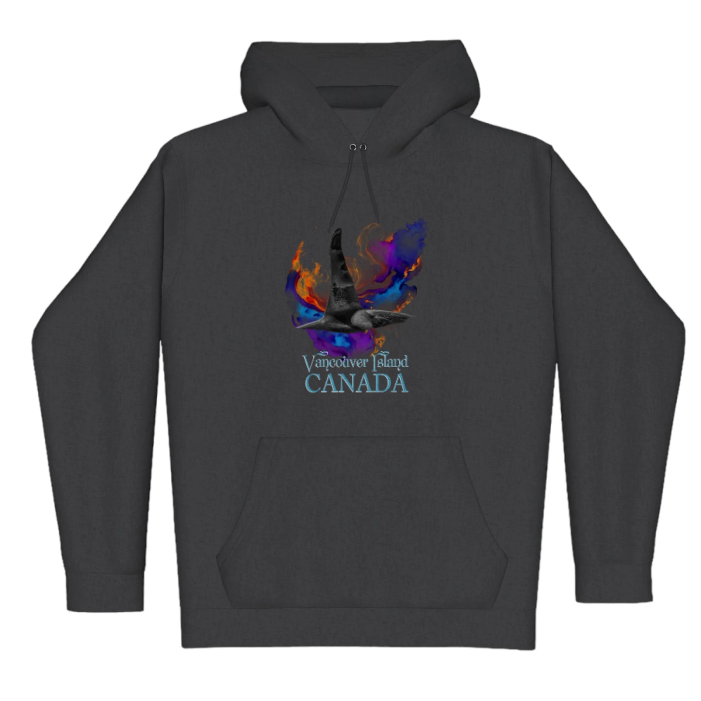 Orca Aura Vancouver Island Canada Premium Pullover Hoodie. The image is of male orca dorsal fin with a colourful abstract background. The words read Vancouver Island Canada.