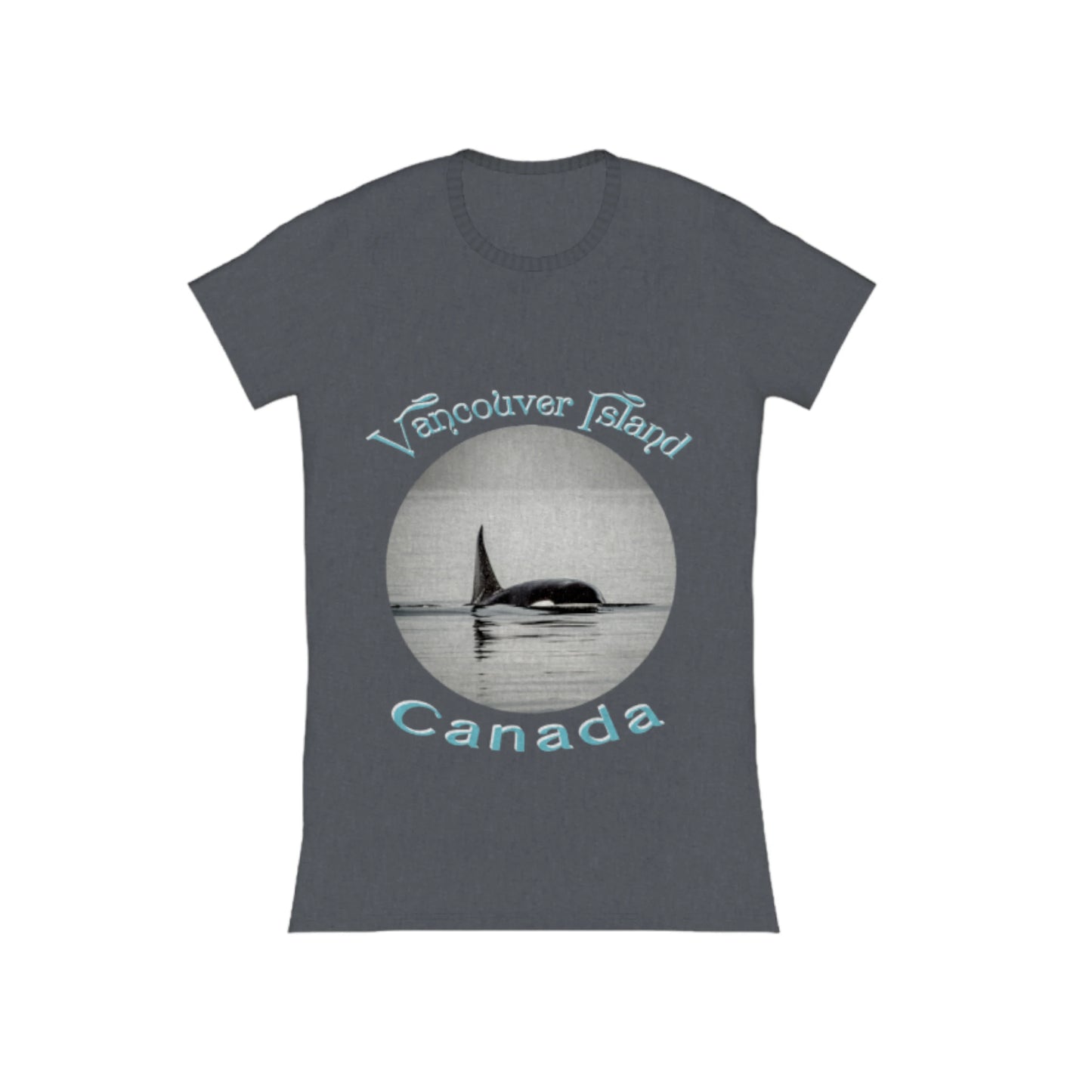 Orca Spray Vancouver Island Canada Comfort Slim Fit T-shirt. The image on the front of the t shirt is a orca in the ocean . The words on the shirt read vancouver island canada