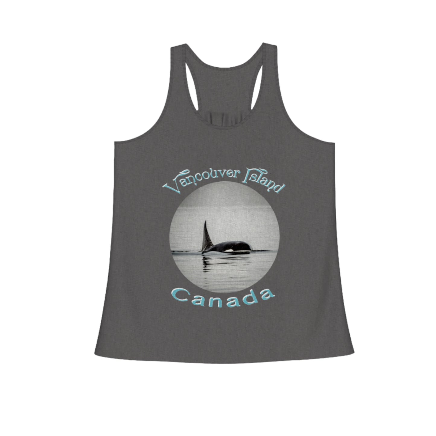 Orca Spray Vancouver Island Canada Flow Racerback Tank Top. The image on the front shows two sea lions on a abstract ocean blue background. By van isle goddess dot com