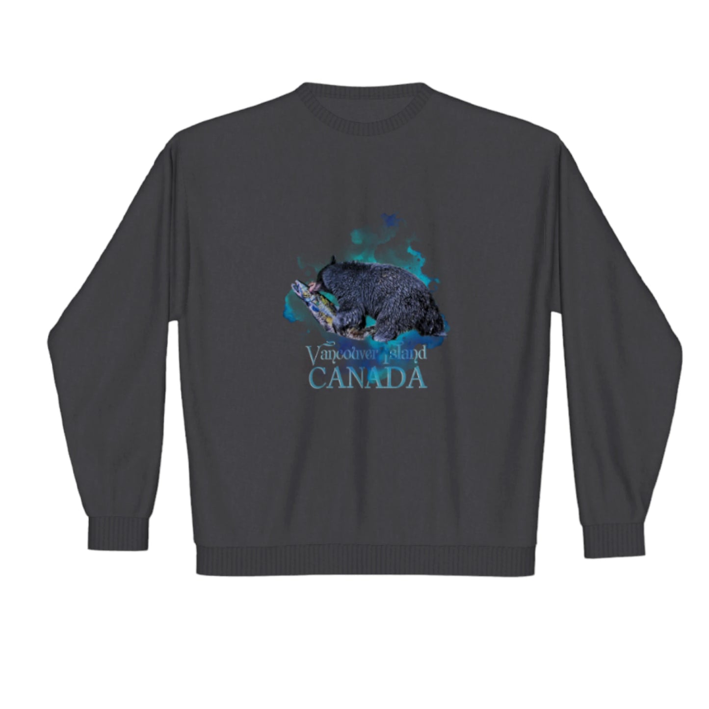 Salmon Bear VAncouver Island Canada Premium crewneck sweatshirt. The image is of a bear with a fresh caught salmon it is mouth.