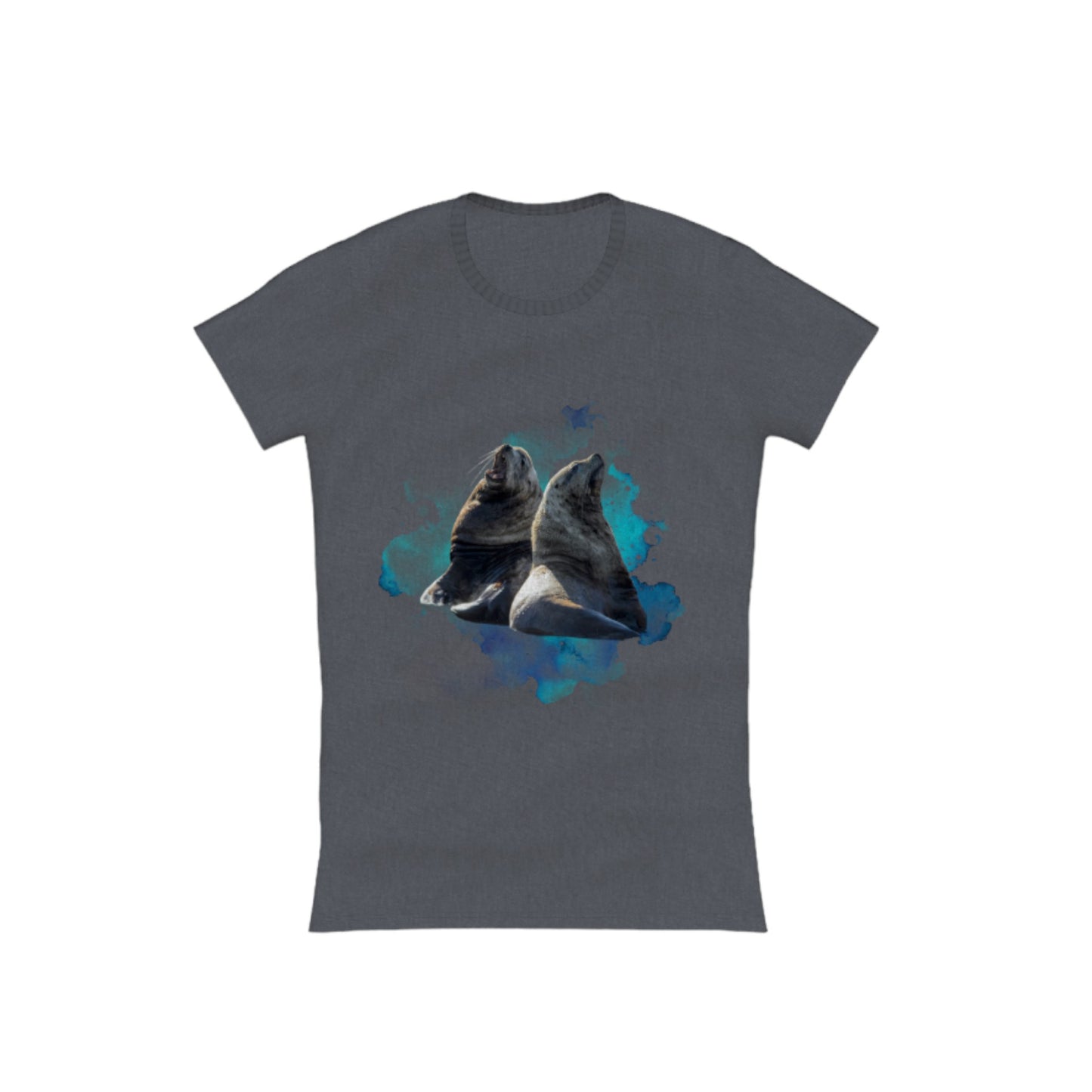 Sea Lions Communication Comfort Slim Fit T-shirt. The image is of two sea lions with a ocean blue abstract background.