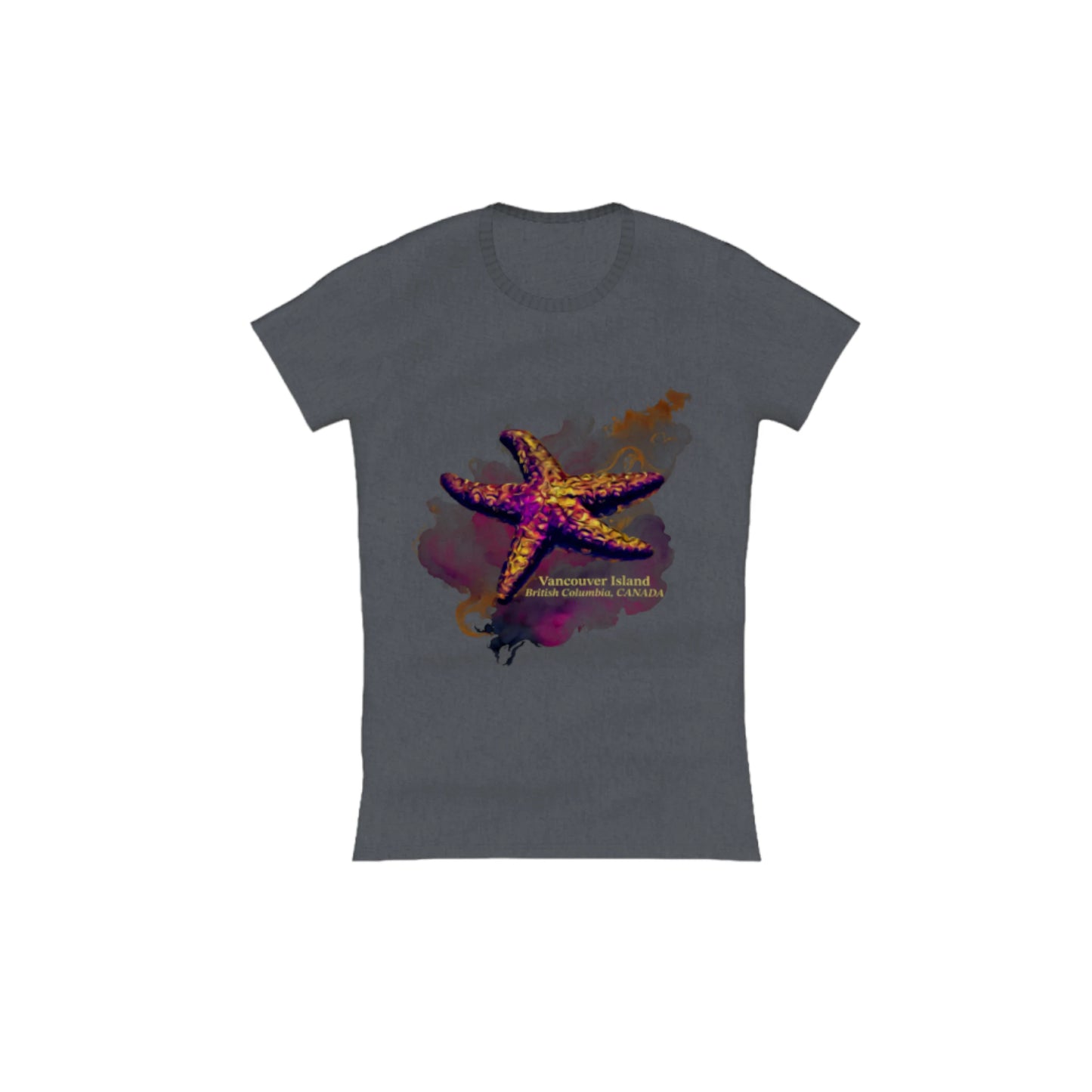 Star Track Vancouver Island BC Canada Comfort Slim Fit T-shirt. The image is of a starfish with a colourful abstract background. The words read Vancouver Island British Columbia Canada