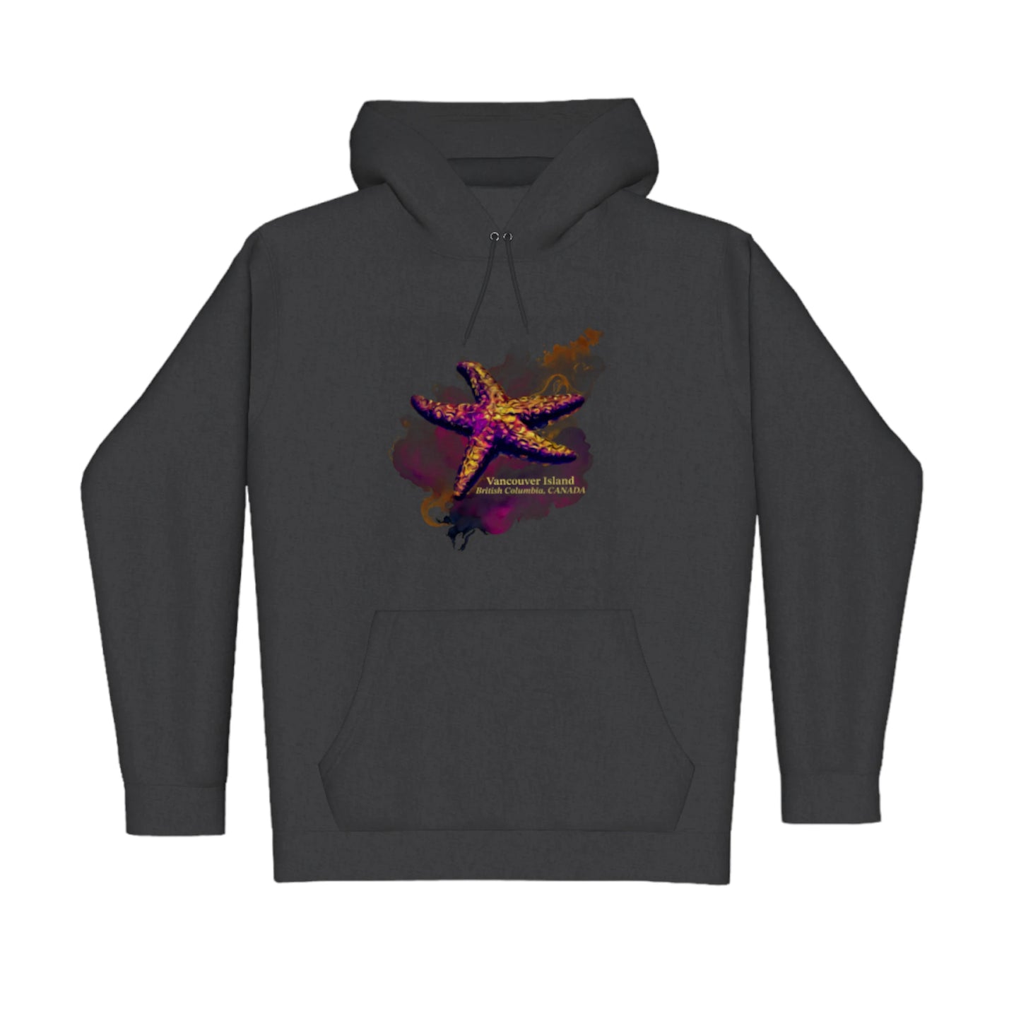 Star Track Vancouver Island BC Canada Premium Pullover Hoodie. The image is of a starfish with a colourful abstract background. The words read Vancouver Island British Columba, Canada.