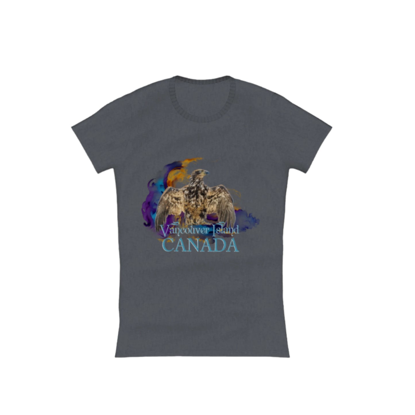 Thunderbird Vancouver Island Canada Comfort Slim Fit T-shirt. the image is of a eagle in the thunderbird position with a colourful abstract background. the words read Vancouver Island Canada
