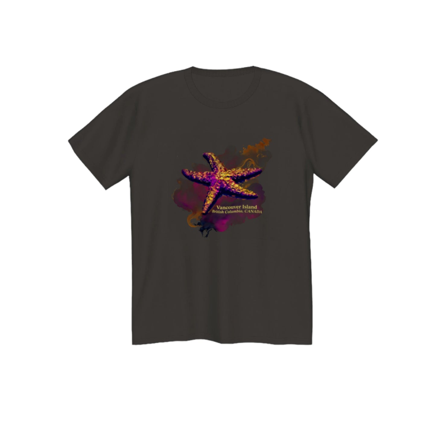 Star Track Vancouver island BC Canada premium unisex tshirt. Features a starfish on the front with a colourful abstract background. The words on the front say Vancouver Island, British Columbia, Canada. by van isle goddess dot com