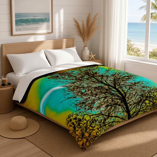 A bed dressed in a colorful printed comforter or duvet set in a bright bedroom, with large windows showing a beach and ocean view. The bedding features a black tree silhouette over a turquoise, teal, and yellow background.