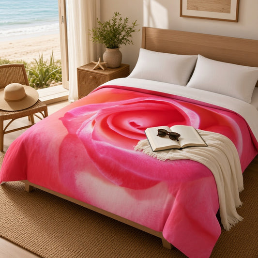 A bright bedroom scene with a bed dressed in a large pink rose print blanket, white pillows, a cream throw, and an open book on top. A window reveals a beach view, and a wicker chair with a hat sits beside the bed.