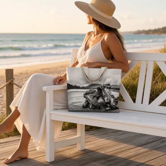 A woman in a white dress and wide-brim straw hat sits on a white bench at the beach, holding a large tote bag printed with a black-and-white photograph of driftwood by the water.