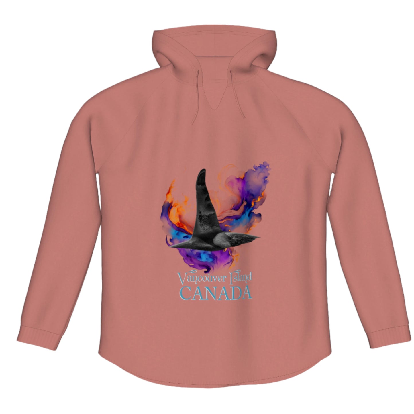 Orca Aura Vancouver Island Canada Flow Pullover Hoodie. The image is of a male orca dorsal fin on a colourful abstract background. the words read Vancouver Island Canada