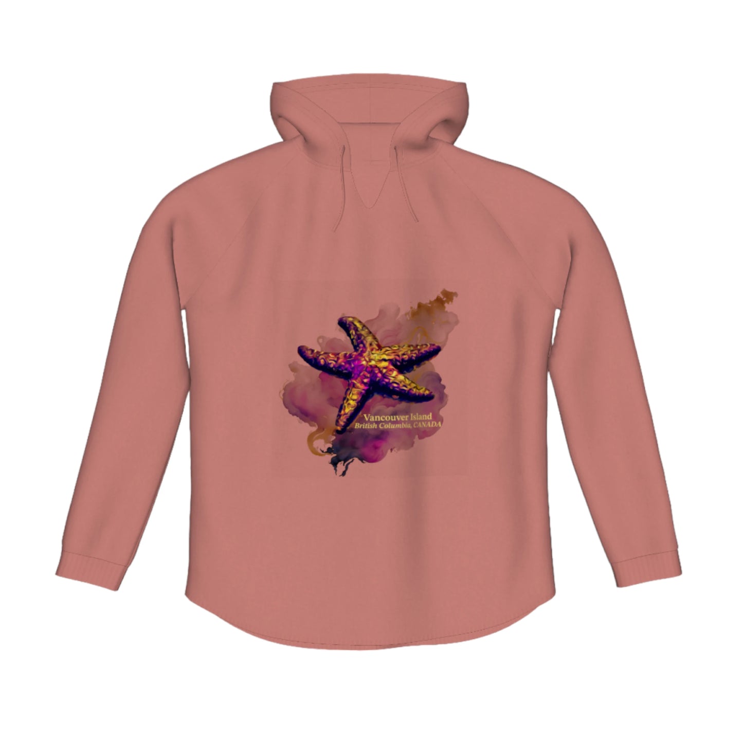 Star Track Vancouver Island BC Canada Flow Pullover Hoodie. The image is of a starfish with a colourful abstract background. The words read Vancouver Island, British Columbia, Canada.