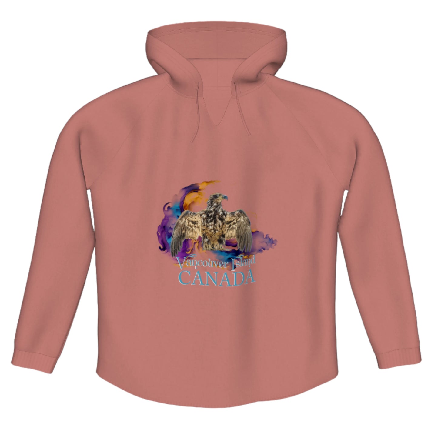 Thunderbird Vancouver Island Canada Flow Pullover Hoodie. The image is of a eagle in the thunderbird position with a colourful abstract background. The words read Vancouver Island Canada.