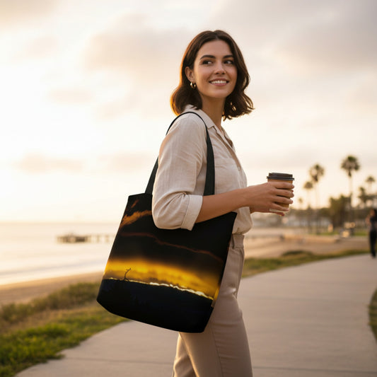 Woman holding a tote bag with a sunset design on a beach path.