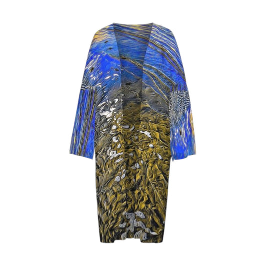 All over print long sleeve kimono. Image is of the sand at low tide with the sky and sun reflecting in the water.