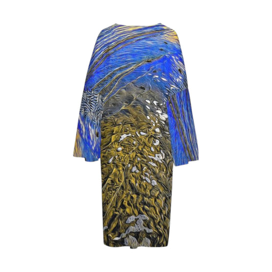 Back side All over print long sleeve kimono. Image is of the sand at low tide with the sky and sun reflecting in the water.